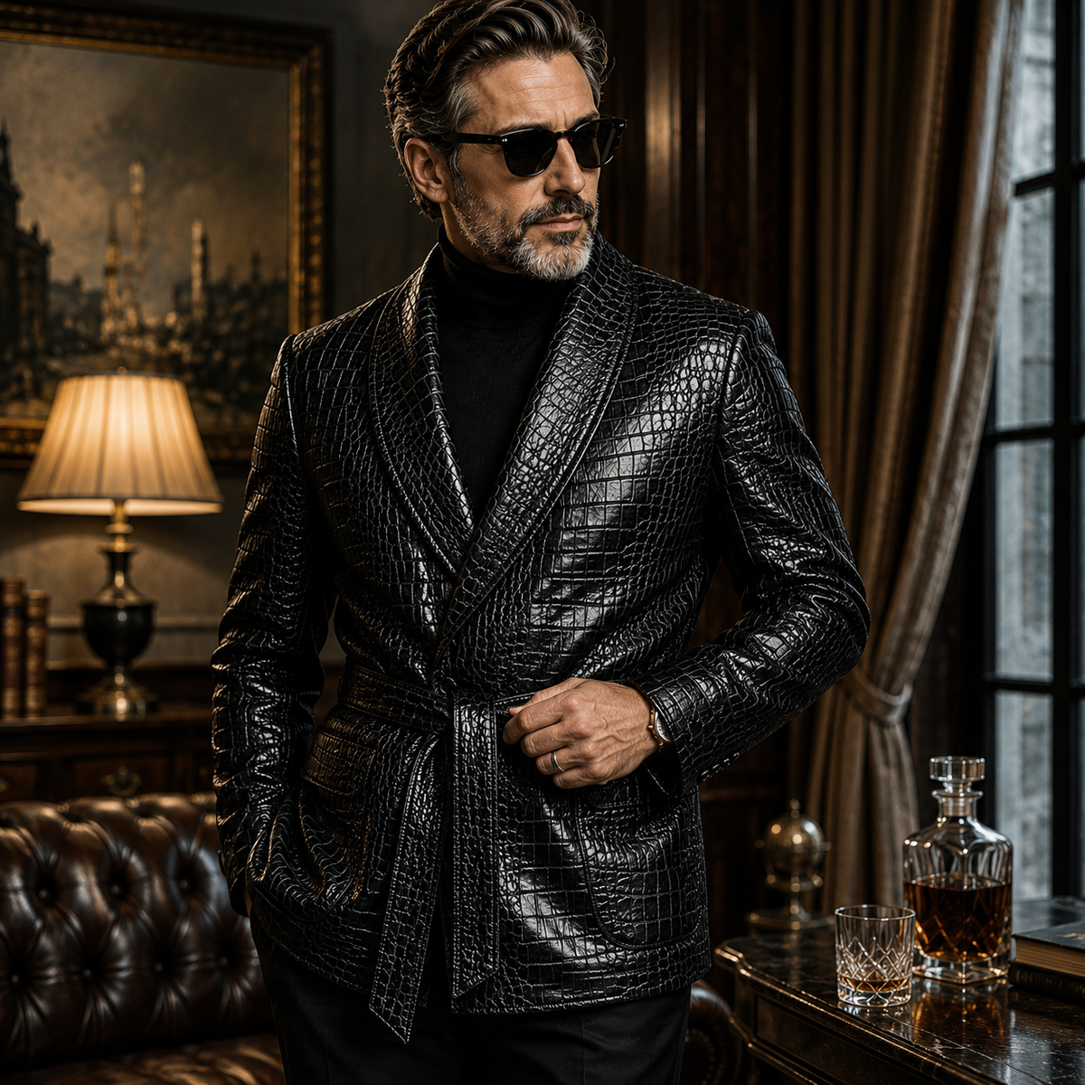 GENTELUXIO™ Blazer Impérial en Cuir Façon Croco – Veste de Luxe Croisée Ceinturée Premium