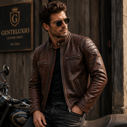 Blouson en cuir GENTELUXIO™ Heritage Rider – Manteau de moto vintage en cuir de vachette de première qualité