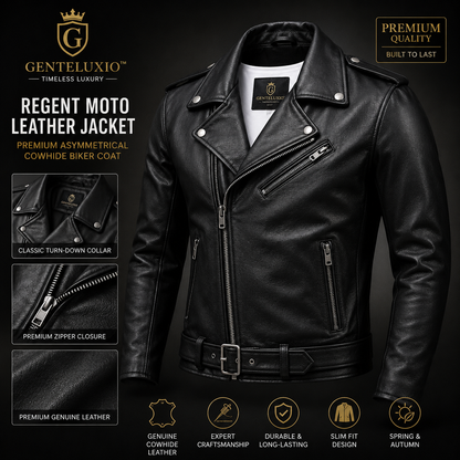 Blouson en cuir de moto GENTELUXIO™ Regent – Manteau de motard en cuir de vachette asymétrique de qualité supérieure