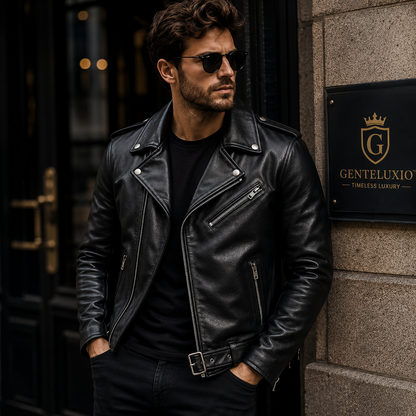 Blouson en cuir de moto GENTELUXIO™ Regent – Manteau de motard en cuir de vachette asymétrique de qualité supérieure