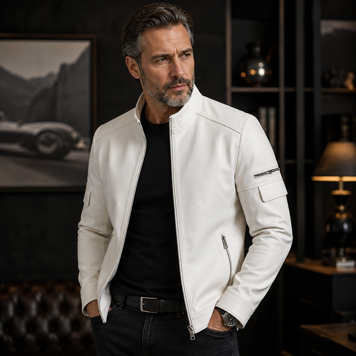 GENTELUXIO™ Blouson en Cuir Alpine Prestige – Manteau de Moto Col Montant Blanc Premium