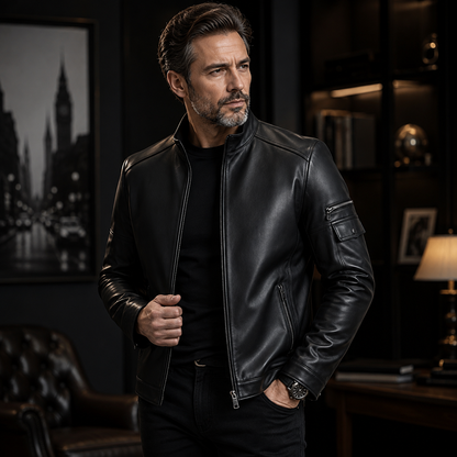 GENTELUXIO™ Blouson en Cuir Alpine Prestige – Manteau de Moto Col Montant Blanc Premium