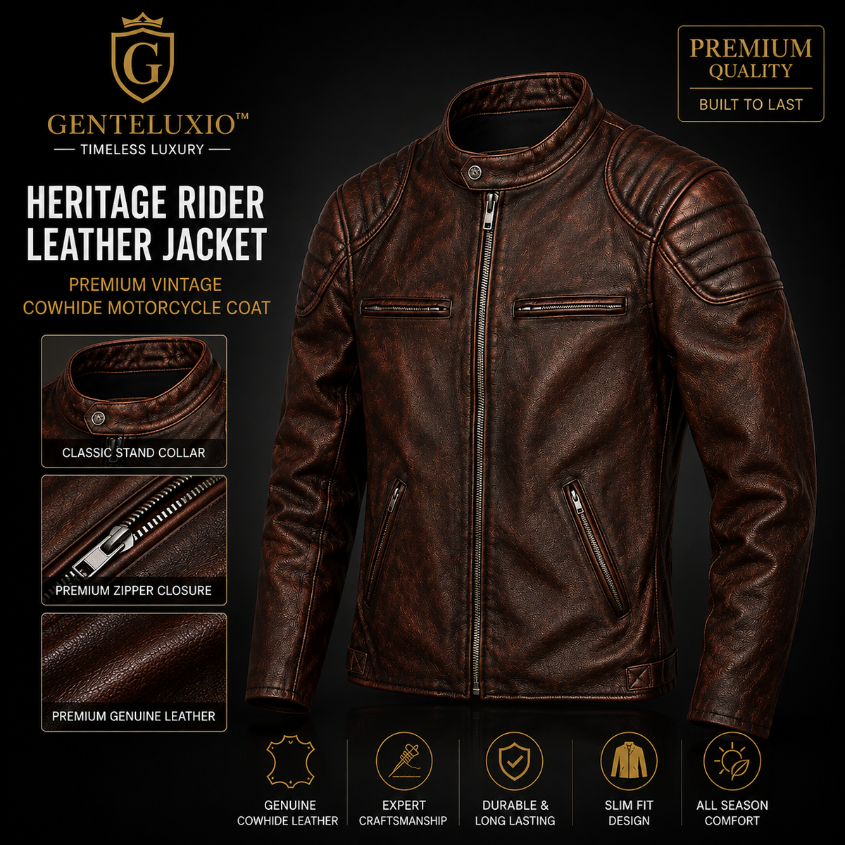Blouson en cuir GENTELUXIO™ Heritage Rider – Manteau de moto vintage en cuir de vachette de première qualité
