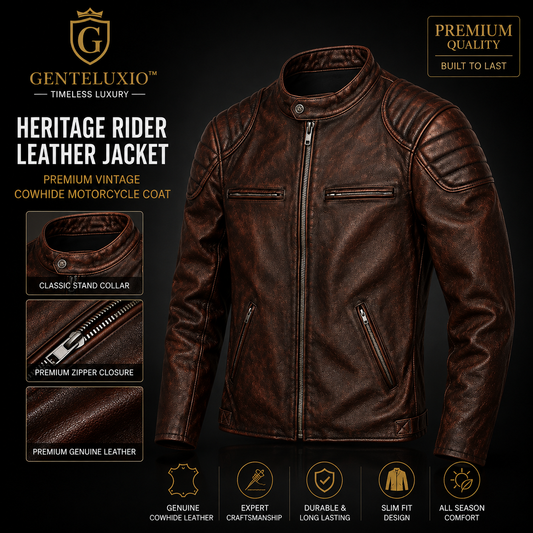 Blouson en cuir GENTELUXIO™ Heritage Rider – Manteau de moto vintage en cuir de vachette de première qualité