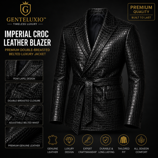 GENTELUXIO™ Blazer Impérial en Cuir Façon Croco – Veste de Luxe Croisée Ceinturée Premium