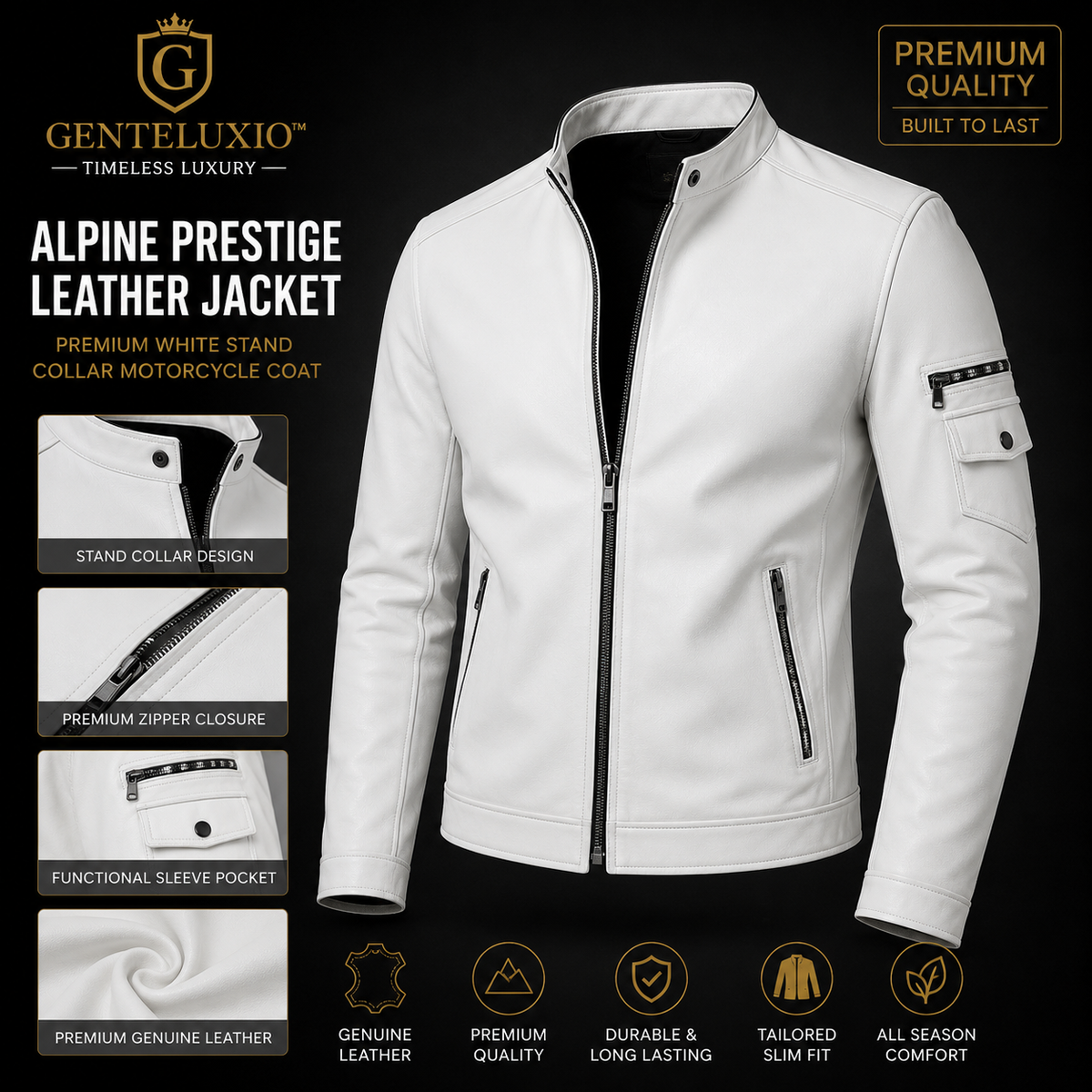 GENTELUXIO™ Blouson en Cuir Alpine Prestige – Manteau de Moto Col Montant Blanc Premium