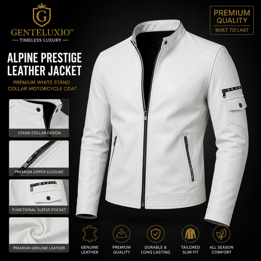 GENTELUXIO™ Blouson en Cuir Alpine Prestige – Manteau de Moto Col Montant Blanc Premium