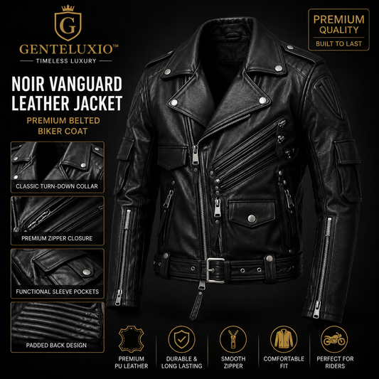 GENTELUXIO™ Blouson en cuir noir Vanguard – Manteau de motard ceinturé de qualité supérieure