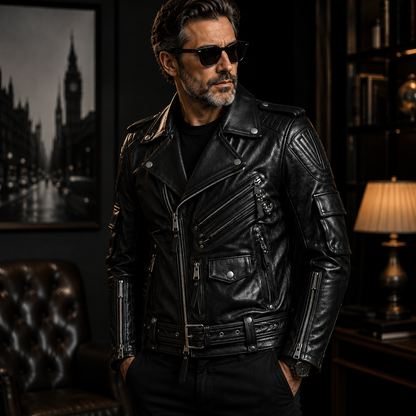 GENTELUXIO™ Blouson en cuir noir Vanguard – Manteau de motard ceinturé de qualité supérieure