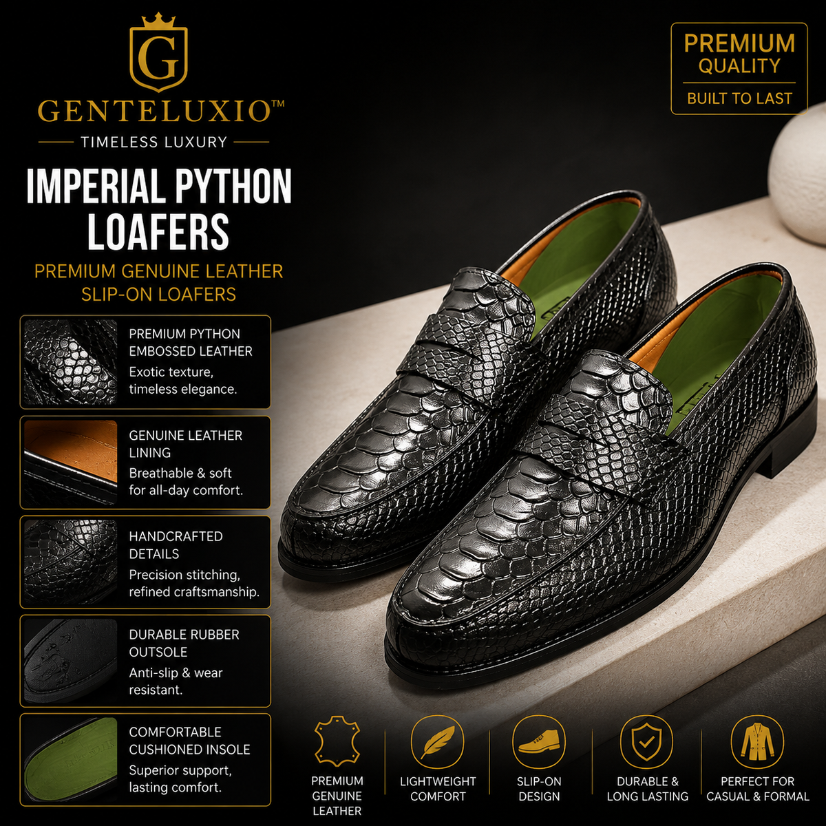 Mocassins en cuir de python GENTELUXIO™ Monarch – Chaussures de ville de luxe à enfiler