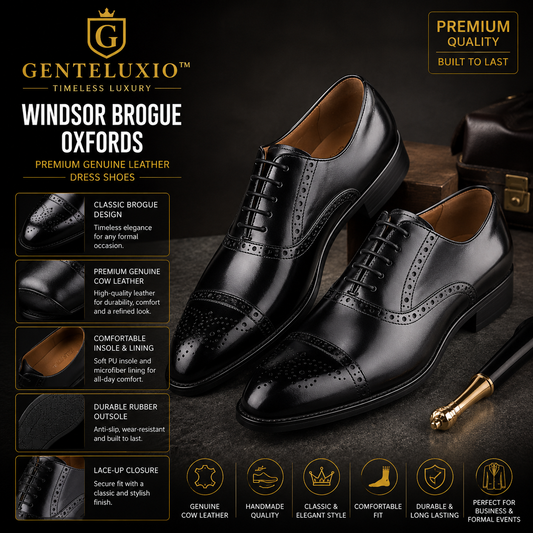 GENTELUXIO™ Windsor Brogue Oxfords – Chaussures Habillées en Cuir Véritable de Qualité Supérieure