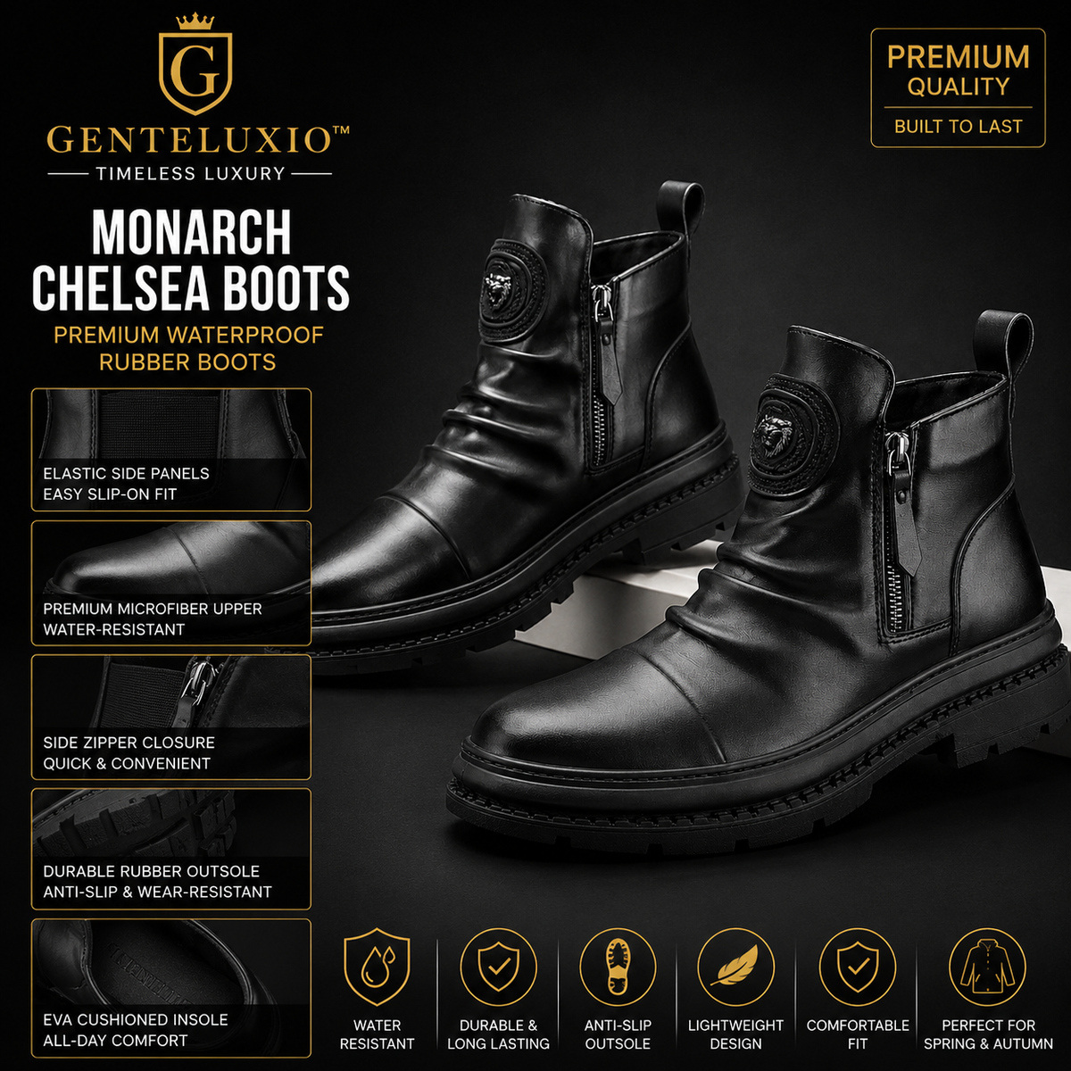 GENTELUXIO™ Monarch Chelsea Boots – Bottines imperméables en caoutchouc de qualité supérieure