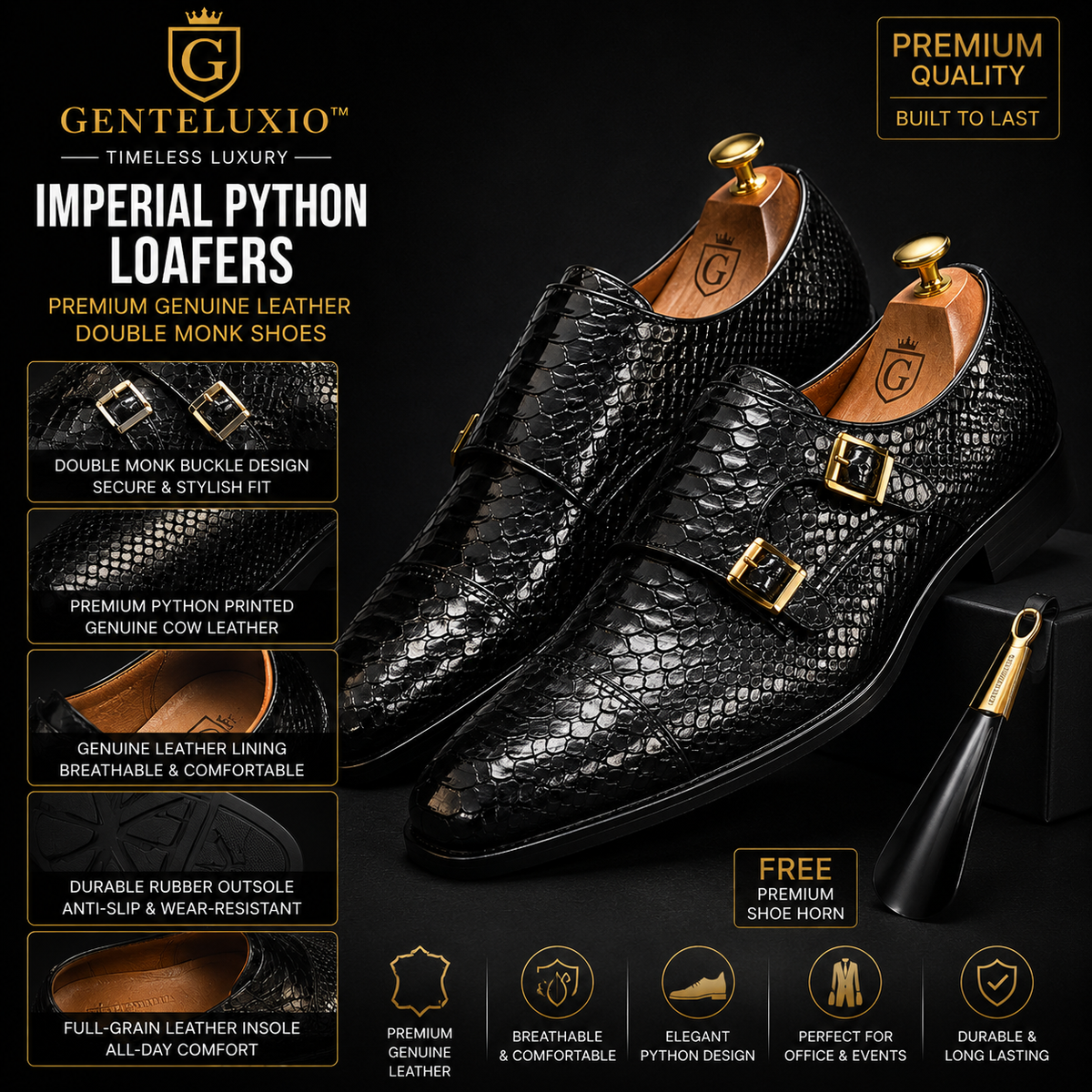 Mocassins GENTELUXIO™ Imperial Python – Chaussures à double boucle en cuir véritable de première qualité