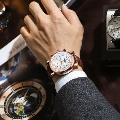 Montre chronographe homme à bracelet en cuir Chenxi 976 Tsuki Lunar