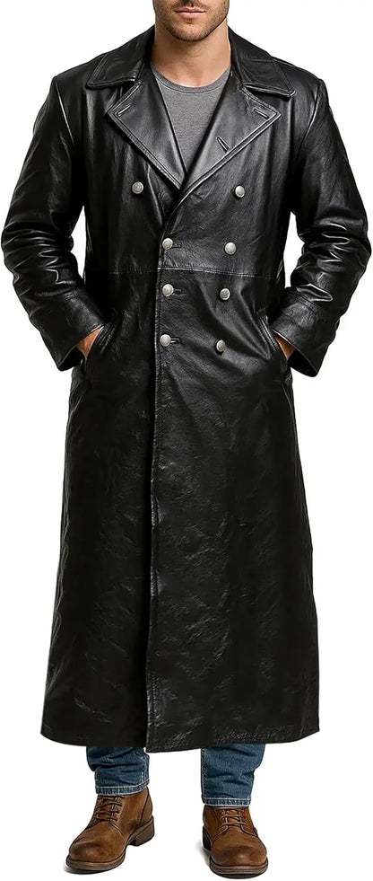 Manteau long en cuir noir GENTELUXIO™ Imperial Navy U‑Boat Captain