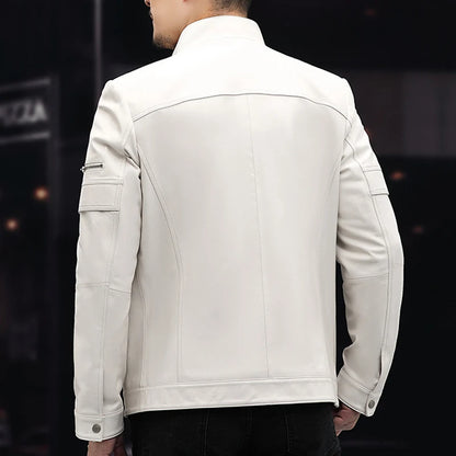 GENTELUXIO™ Blouson en Cuir Alpine Prestige – Manteau de Moto Col Montant Blanc Premium