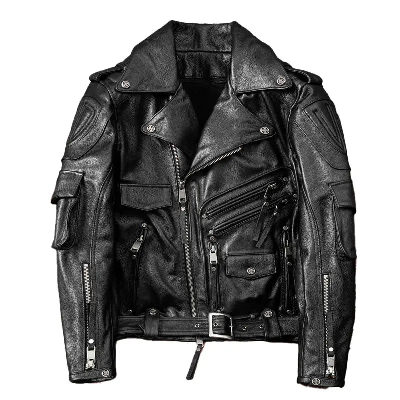 GENTELUXIO™ Blouson en cuir noir Vanguard – Manteau de motard ceinturé de qualité supérieure
