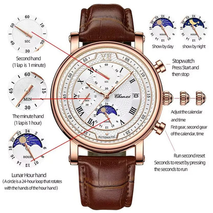 Montre chronographe homme à bracelet en cuir Chenxi 976 Tsuki Lunar