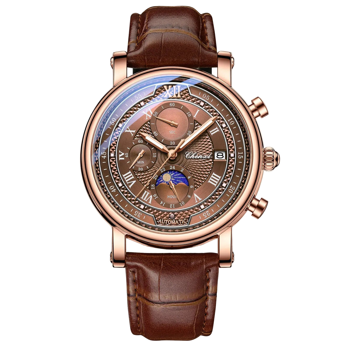 Montre chronographe homme à bracelet en cuir Chenxi 976 Tsuki Lunar