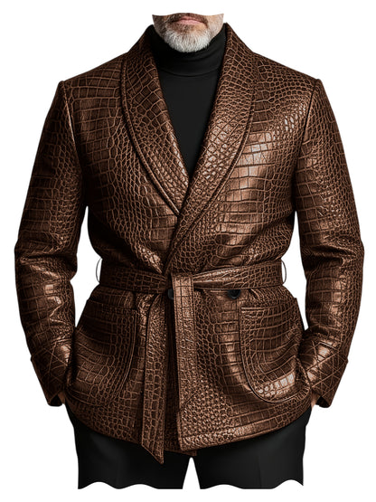 GENTELUXIO™ Blazer Impérial en Cuir Façon Croco – Veste de Luxe Croisée Ceinturée Premium