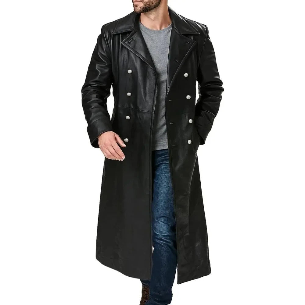 Manteau long en cuir noir GENTELUXIO™ Imperial Navy U‑Boat Captain