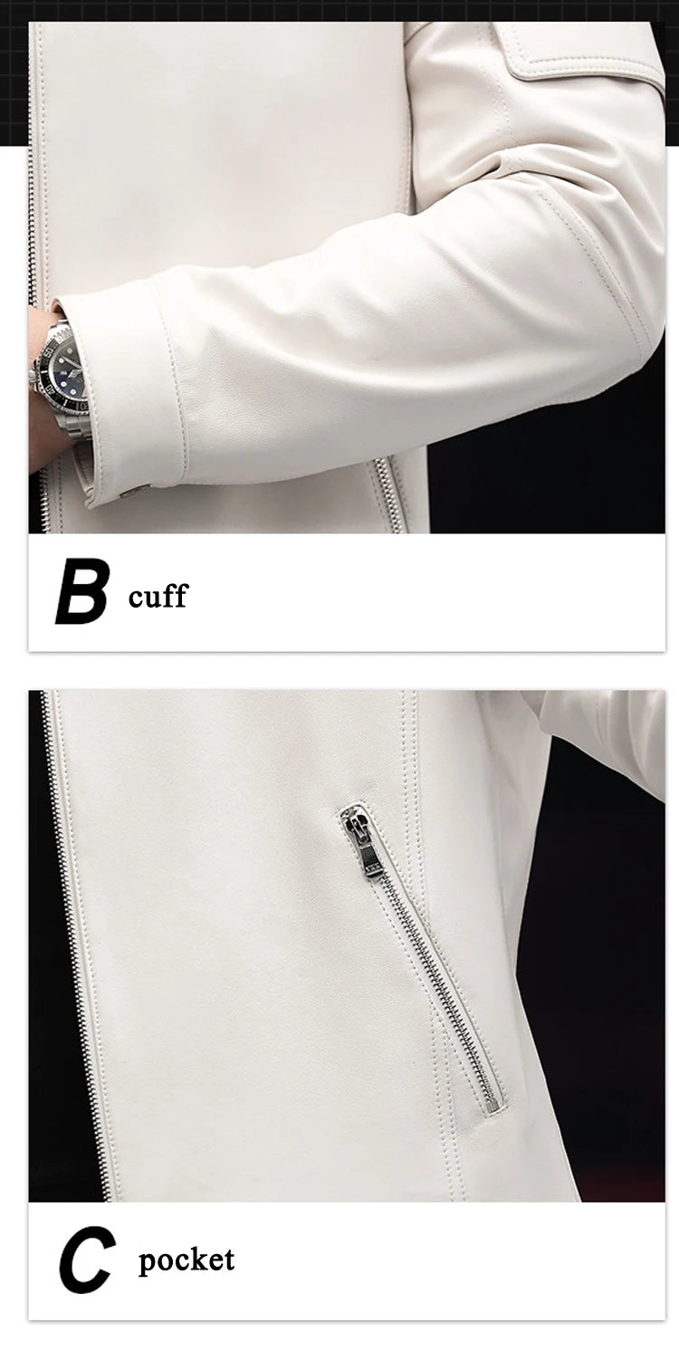 GENTELUXIO™ Blouson en Cuir Alpine Prestige – Manteau de Moto Col Montant Blanc Premium
