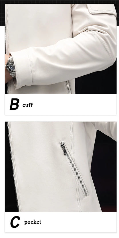 GENTELUXIO™ Blouson en Cuir Alpine Prestige – Manteau de Moto Col Montant Blanc Premium