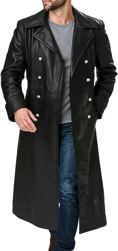 Manteau long en cuir noir GENTELUXIO™ Imperial Navy U‑Boat Captain