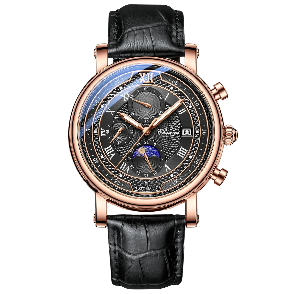 Montre chronographe homme à bracelet en cuir Chenxi 976 Tsuki Lunar
