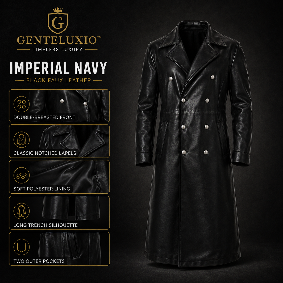 Manteau long en cuir noir GENTELUXIO™ Imperial Navy U‑Boat Captain