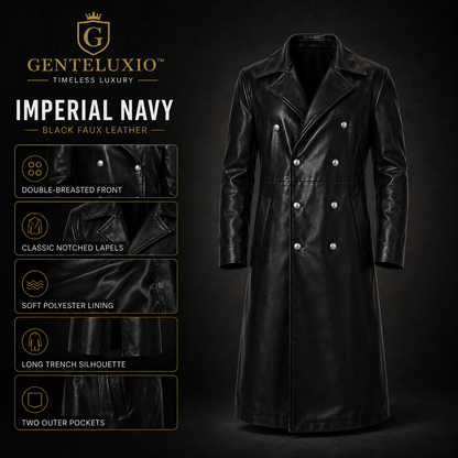Manteau long en cuir noir GENTELUXIO™ Imperial Navy U‑Boat Captain