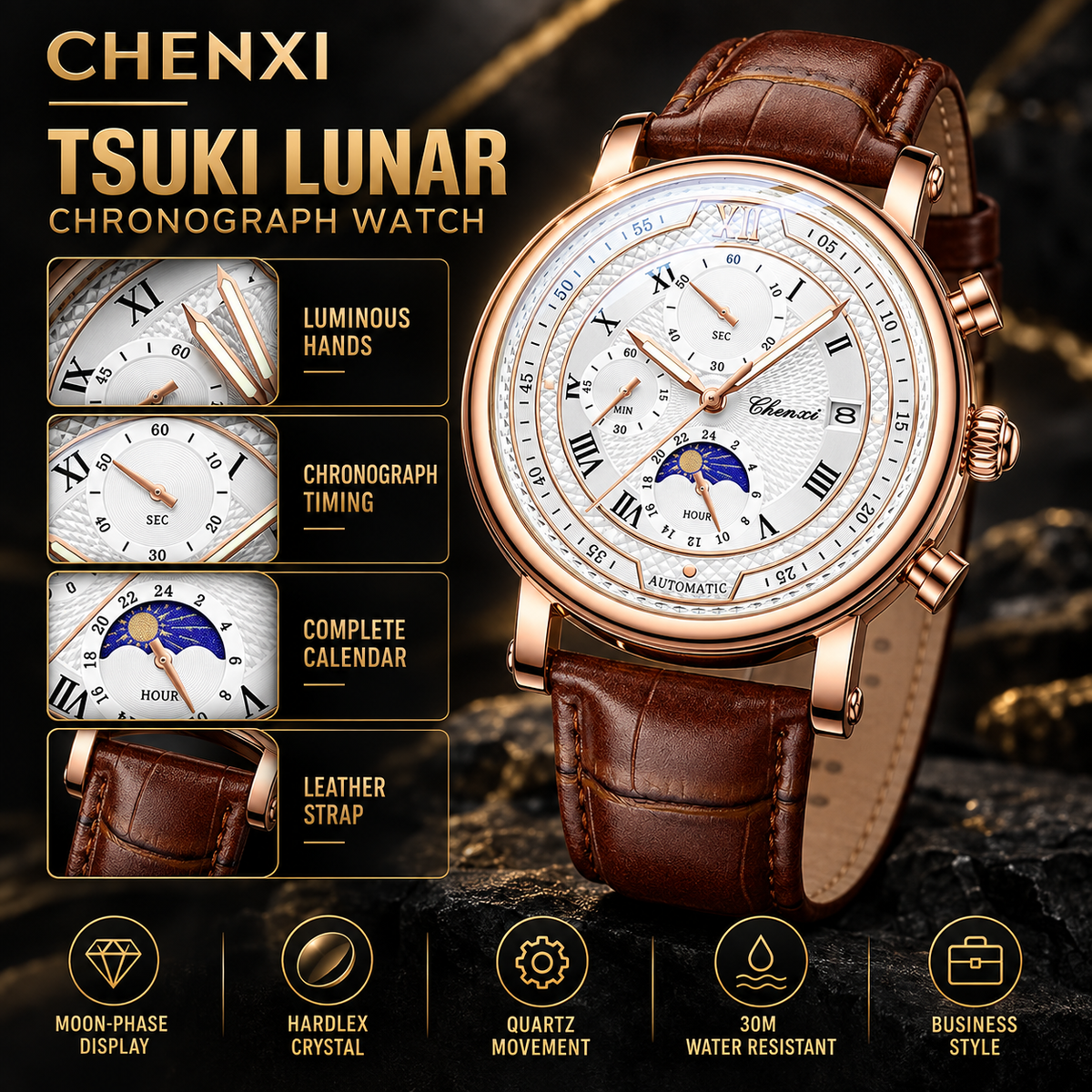 Montre chronographe homme à bracelet en cuir Chenxi 976 Tsuki Lunar