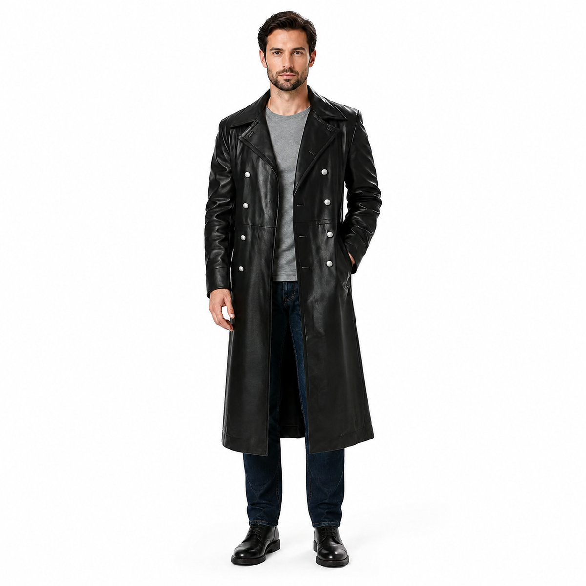 Manteau long en cuir noir GENTELUXIO™ Imperial Navy U‑Boat Captain